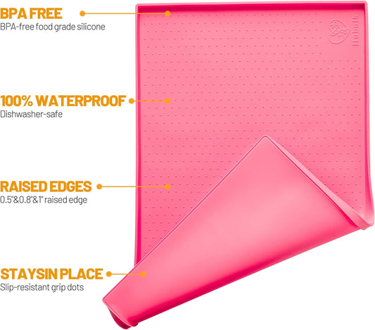 Hubulk Dog Feeding Mat,100% Waterproof Food Grade Silicone Pet Food and Water Bowl Placemat,Dishwasher, High Raised Edge to Prevent Spills,Nonslip Tray to Stop Messes on Floor(28"x18"x0.8", Pink)