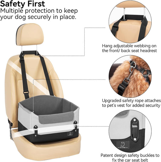 A4Pet Dog Car Seats for Small Dogs, Booster Car Seat with Patent Buckles & Clip-On Safety Leash, Pet Seat for Puppy Small Dogs Cats Under 25 Lbs, Grey