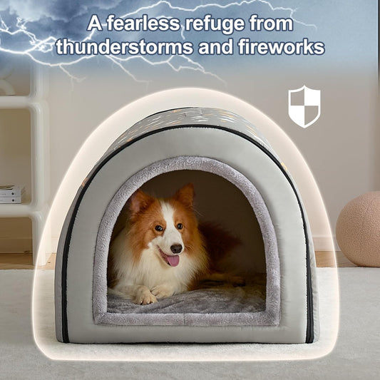 Jiupety 2 in 1 Dog House Indoor, Comfy Cave Bed Covered Dog Bed, Portable House for Medium and Large Dogs, 2XL(35"Γ27"Γ26"), Up to 70 Lb, Grey