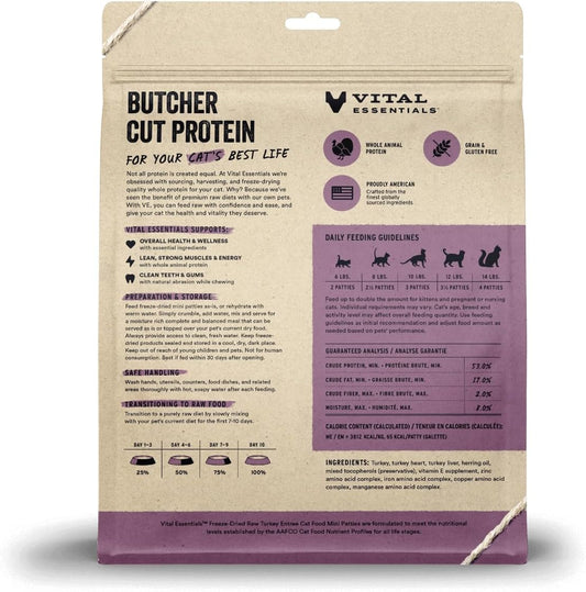 Vital Essentials Freeze Dried Raw Cat Food, Turkey Mini Patties Entree, 15 oz