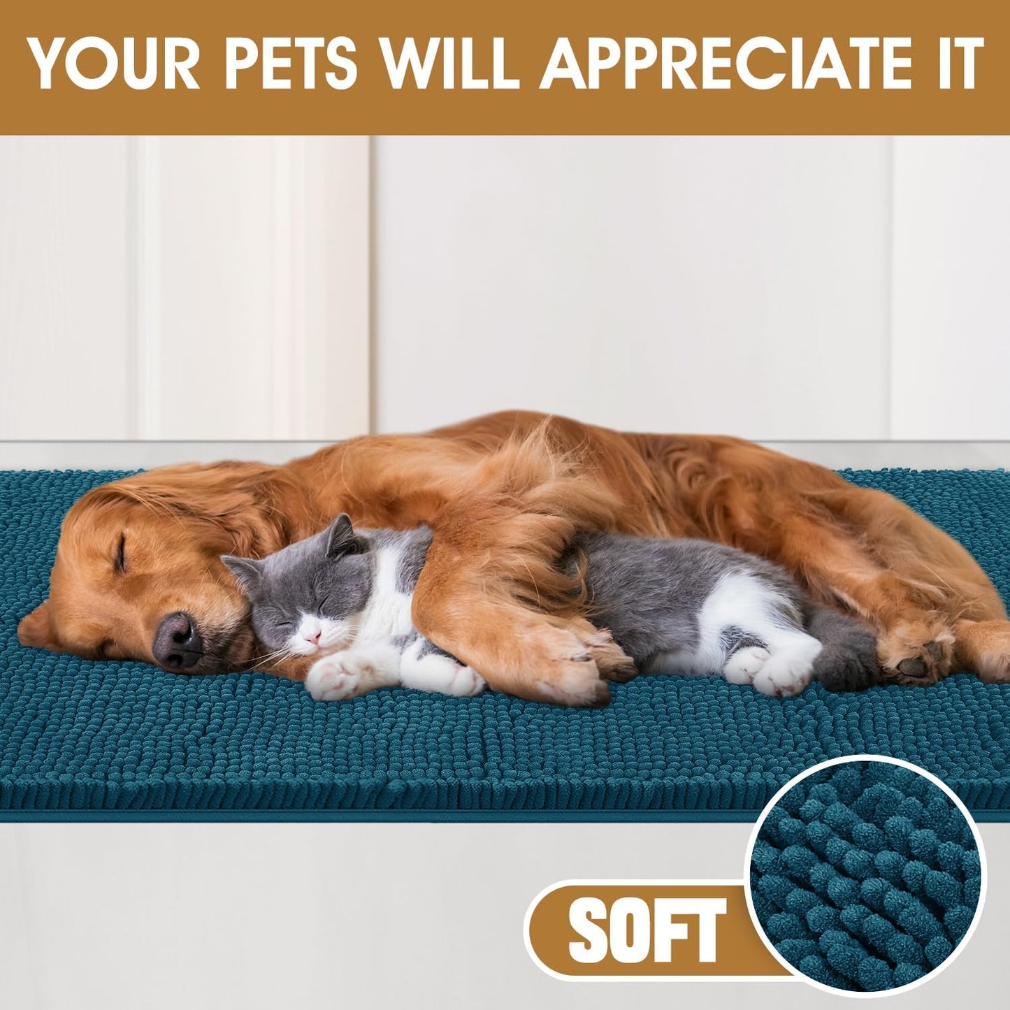 Dog Door Mats for Muddy Paws, Chenille Absorbent Door Mats, Non Slip Heavy Indoor Door Mat for Dogs, Soft Dog Mat for Entryway, Mud Paws, Inside Floor,48" x 38", Teal Blue