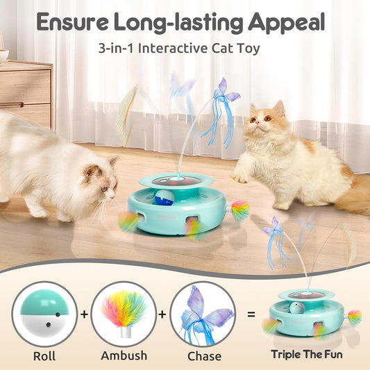 ORSDA Cat Toy, 3-in-1 Automatic Interactive Electronic Moving Ambush Feather, Fluttering Butterfly, Track Balls, USB Rechargeable Powered Smart Indoor Exercise Kicker