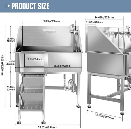 38" Pet Dog Bathing Station W/Ramp, Professional Stainless Steel Dog Grooming Tub W/Floor Grate, Faucet, Dog Bathtub for Large,Medium, Small Pets, Washing Sink for Home,L-RAMP