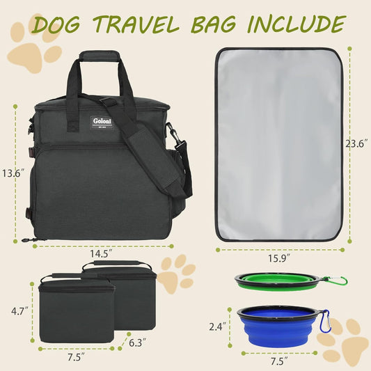 Dog Travel Bag Airline ApprovedāPet Travel Tote with Collapsible Bowls,Food Containers & Feeding MatāMulti-Pocket Organizer for Dogs & Cats, Durable & Water-Resistant for Hiking,Trips,Outdoors