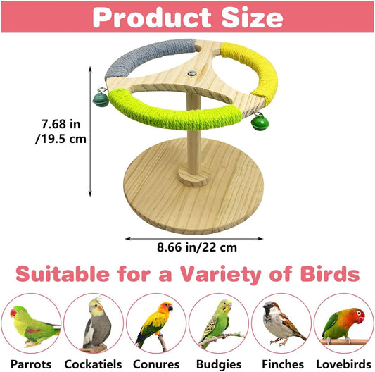 PINVNBY Bird Stand Perch Toy Wooden Spinning Parrot Perch with Cotton Rope and Bell Interactive Cockatiel Toy Bird Cage Accessories for Parakeets Conures Budgies Finches Lovebirds