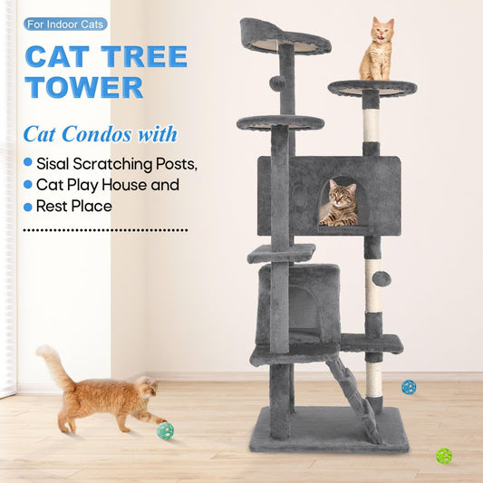 FDW Cat Tree 54in Cat Tower Multi-Level Durable Cat Scratching Post & Cozy Fun Cat Jumping Platform Space Saving Cat Condo Pet Play House for Indoor Cats,Light Gray