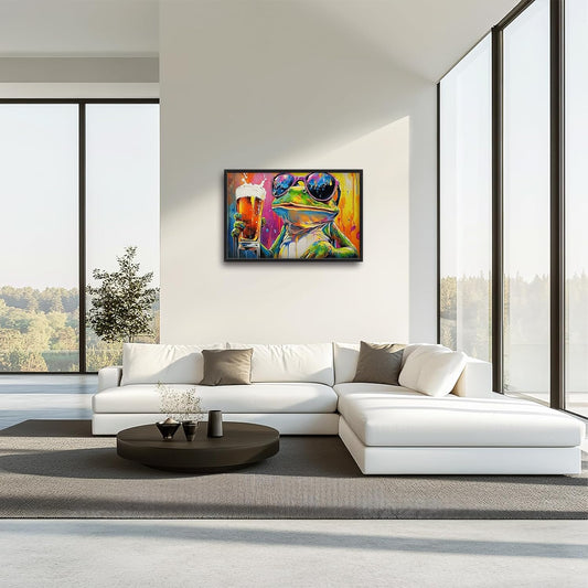 Large Graffiti Frog Wall Art for Living Room, Framed Oversized Funny Frog Beer Wall Decor Colorful Animal Canvas Painting Modern Artwork for Bathroom Bedroom Office Dining Room 36"x24"