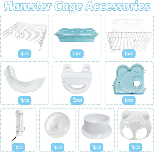 PINVNBY Dwarf Hamster Cage, Small Animal Cages, 2-Tier Travel Portable Mouse Cage Hamster Carrier with Castle House Running Exercise Wheels, Water Bottle and Food Dis(Blue)