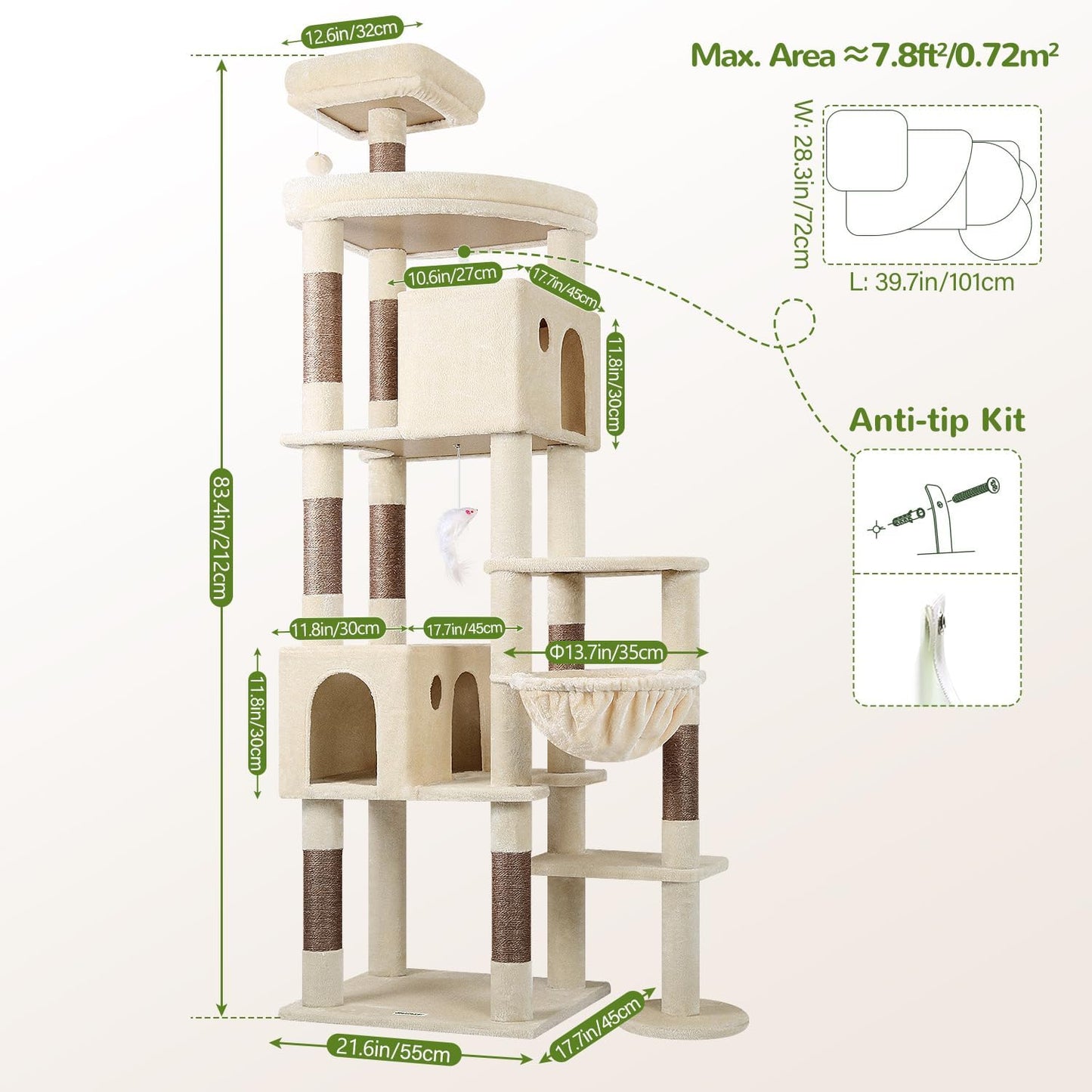 Globlazer Giant Cat Tree, 83 inch Cat Tree for Indoor Cats Large Adult, XXL Cat Tower with 9 Scratching Posts for 20lb+ Heavy Duty Large Adult Cats, F83, Beige