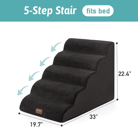 Extra Wide Dog Stairs 19.7" Width, Large Pet Step for Small Medium Dog, Puppy or Cat, Ramp for High Bed or Car, High Density Foam Ladder, Stable, 5 Step, 19.7x33x22.4 inch, Black