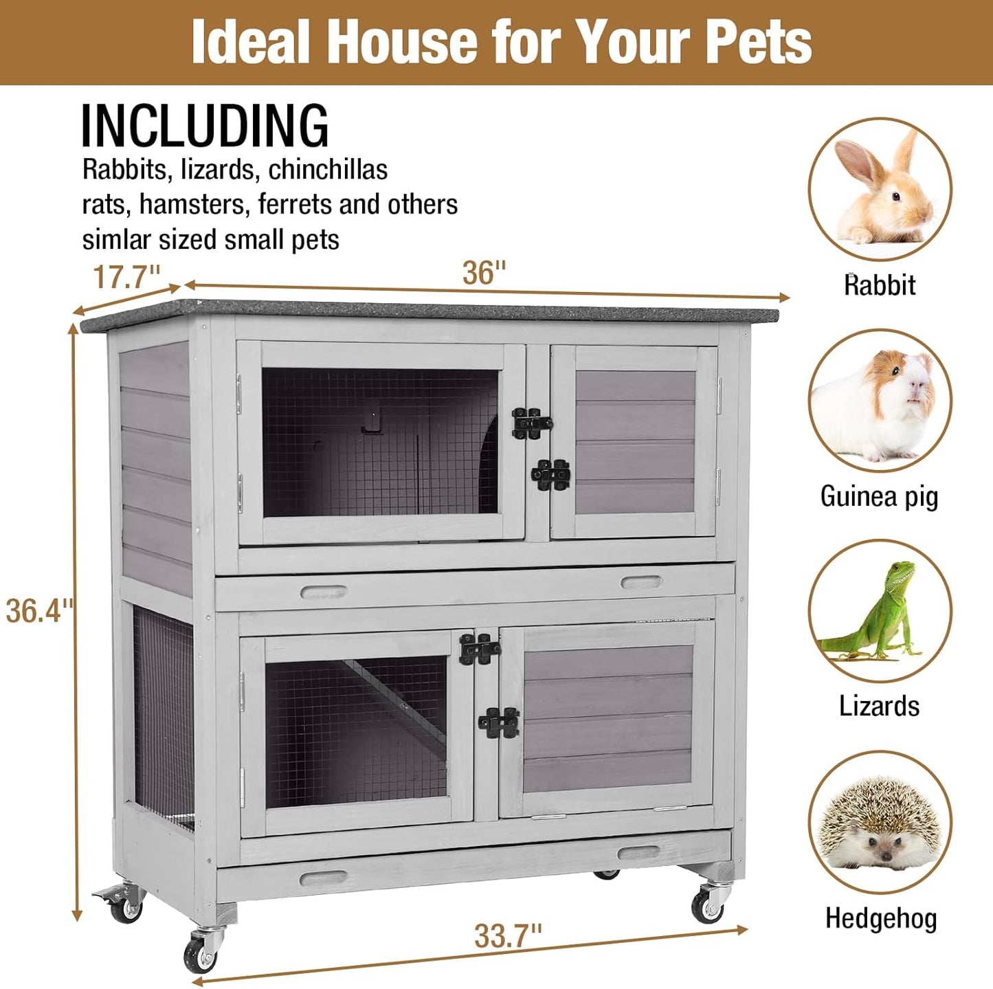 Rabbit Hutch Outdoor Indoor Bunny Cage 2 with Large Pull-Out Trays 2 Story Guinea Pig Cage on Wheels- Move Freely