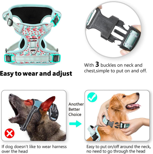 Timos No Pull Dog Harness, Release at Neck Reflective 3 Snap Buckles Adjustable No Choke Pet Vest with Front & Back 2 Leash Clips, Soft Padded Control Training Handle for Small Medium Large Dogs