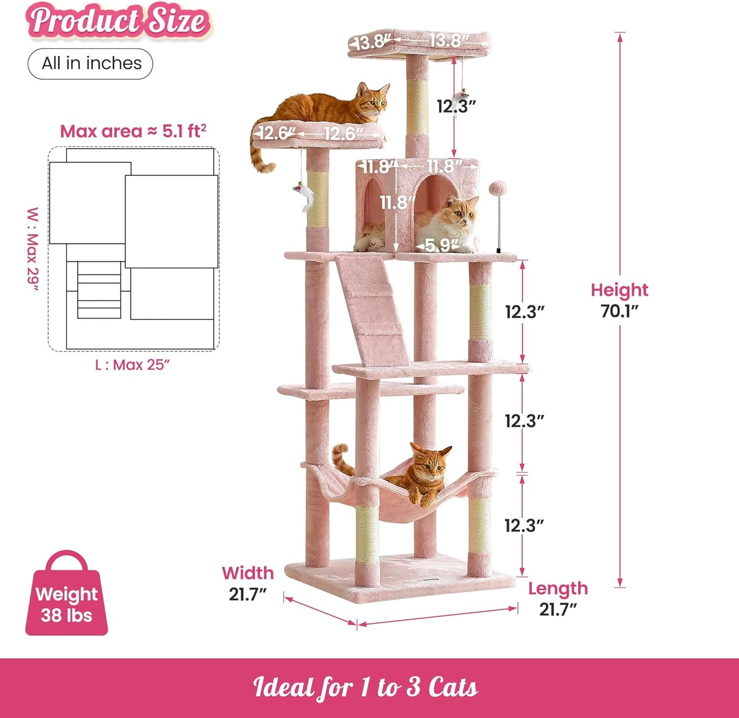 MWPO 70.1-Inch Pink Large Cat Tree, Multi-Level Tall Cat Tower for Indoor Cats, Plush Cat Condo with Big Padded Perches, Sisal-Covered Scratching Posts, Hammock, Toys for Kittens & Cats