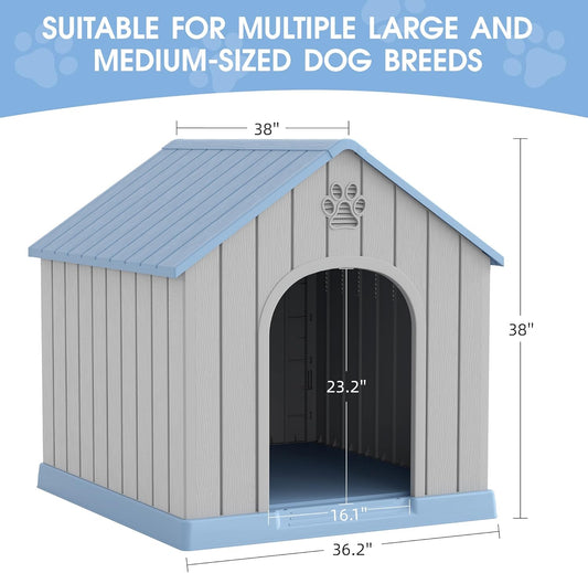 Large Outdoor Plastic Dog House - Indoor Outdoor Use for Medium & Large Dogs, Durable Waterproof Doghouse with Air Vents, Elevated Floor, Easy to Clean & Assemble(Blue2, 36.2''LΓ38''WΓ38''H)