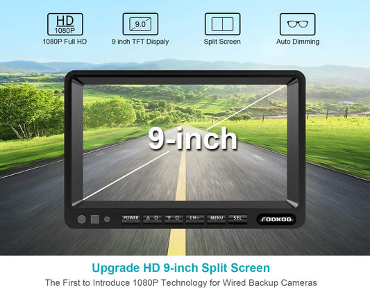 Fookoo β
‘ HD 1080P 9" Wired Backup Camera System, 9-inch DVR Dual Split Screen Monitor, IP69 Waterproof Rear View Camera for Truck/Trailer/Box Truck/RV, Loop Record, Parking Lines (DY912)