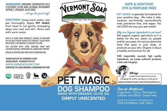 VERMONT SOAP Organics Pet Shampoo - Infused with Organic & Natural Olive Oil, Coconut & Aloe Vera Dog Shampoo for Sensitive Skin - USDA Certified Grooming - Unscented (640oz)
