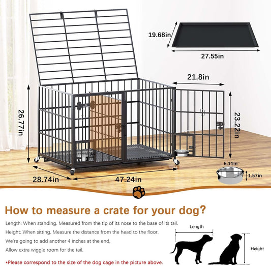 aboxoo 48/42 inch XL Dog Crate for Large Dog/Double Medium Dogs,Heavy Duty Metal Dog Cages,All Metal Open Top,Dog Kennel Indoor with Wheels,Floor Grid, Tray, Divider and Feeding Bowl