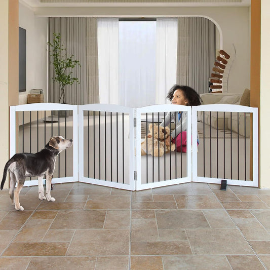 ZJSF Freestanding Panel Dog Gate for Indoor, Doorways,Stairs, or Hallways,Foldable Wooden White Pet Gates for House,Pet Gate for Dogs,Dog Fence, Puppy Gate,Support Feet Included,24 "Height-4 Panels