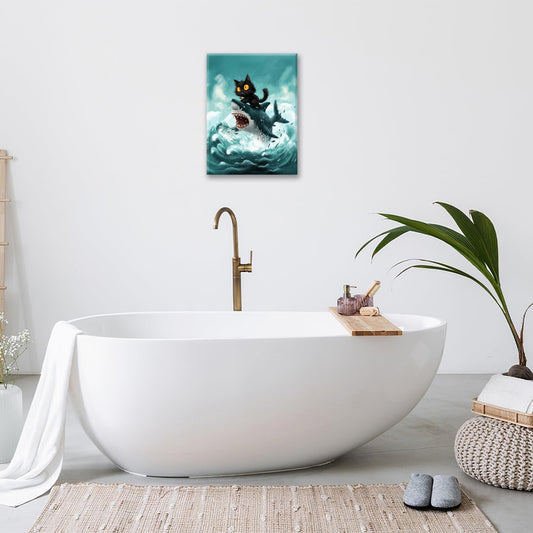 Funny Black Cat Bathroom Wall Art Cute Cat Riding Shark Canvas Wall Decor Animal Kitten Pictures Painting Print Artwork Framed Decorations Gifts for Cat Lover Kids Room Bedroom 12"x16"