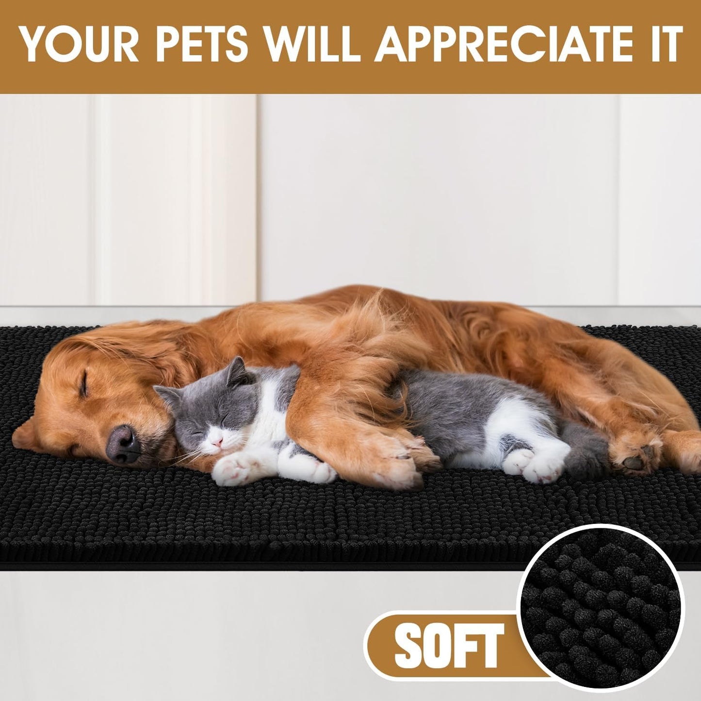 IM HOME Extra Large Dog Door Mats for Muddy Paws, Chenille Absorbent Dog Mats, Non Slip Heavy Mud Mat for Dogs, Soft Pet Mat for Entryway, Mud Paws, Inside Floor,71" x 25", Black