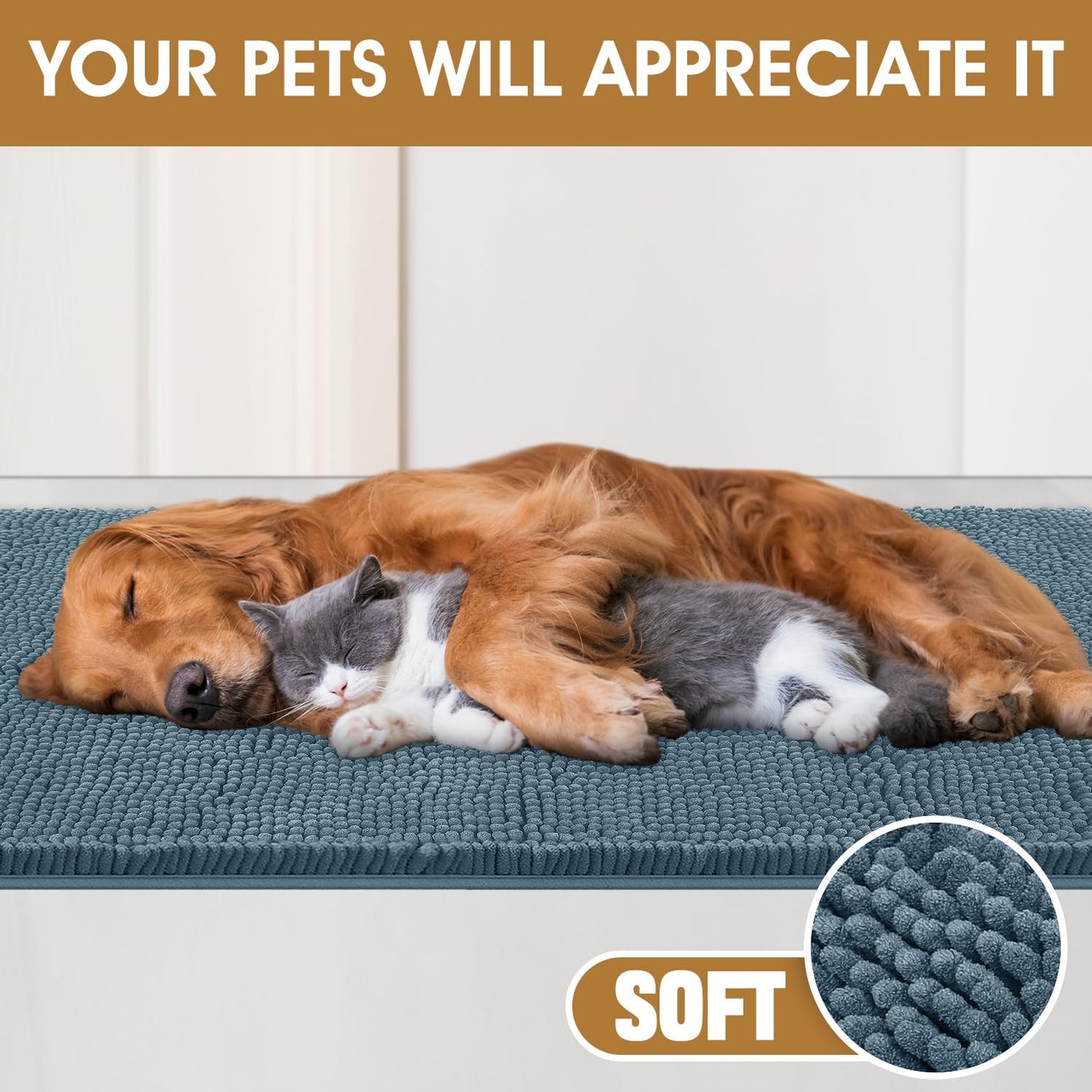 IM HOME Dog Door Mats for Muddy Paws, Chenille Absorbent Door Mats, Non Slip Heavy Mud Mat for Dogs, Soft Indoor Door Mat for Entryway, Mud Paws, Inside Floor,36" X 24", Dusty Blue