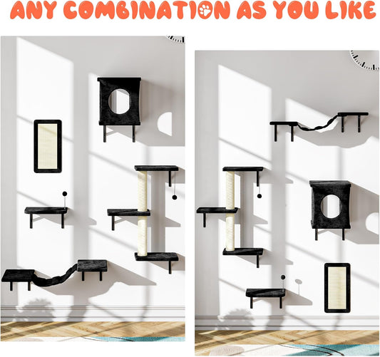 NUNU LAB Wall Mounted Cat Furniture, 5 Pcs Cat Wall Shelves with House, Bridge, Steps, Scratching Post, Shelves, Indoor Safe & Stable Furniture for Kittens Play, Black