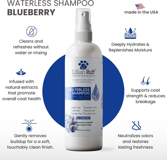 Lillian Ruff Waterless No-Rinse Dog Dry Shampoo Spray with Hydrating Essential Oils - pH-Balanced Dry Shampoo for Dogs - Clean, Condition, Detangle & Deodorize Dry, Sensitive Skin (Blueberry)