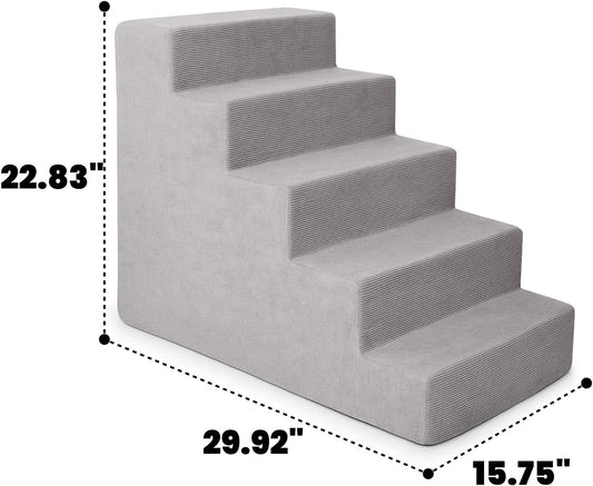 MEWANG Dog Stairs for Small & Medium Dogs and Old Cats β3/4/ 5 Steps High-Density Foam Pet Ramp for Bed & Couch, Non-Slip, Washable Cover, Grey (Square Corner, 5 Steps: 29.92''Γ22.83''Γ15.75'', 2)