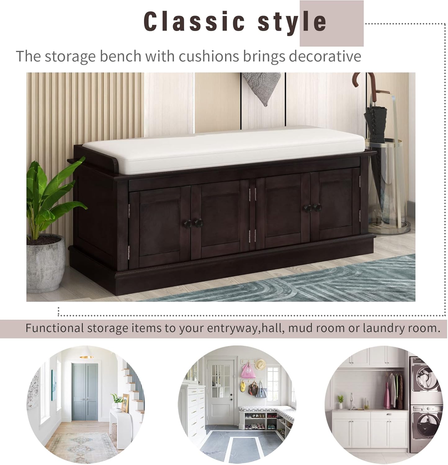 Shoe Storage Bench with 4 Doors and Adjustable Shelves, Shoe Bench with Removable Cushion for Living Room Entryway 42.7" L * 16" W * 17.4" H Espresso