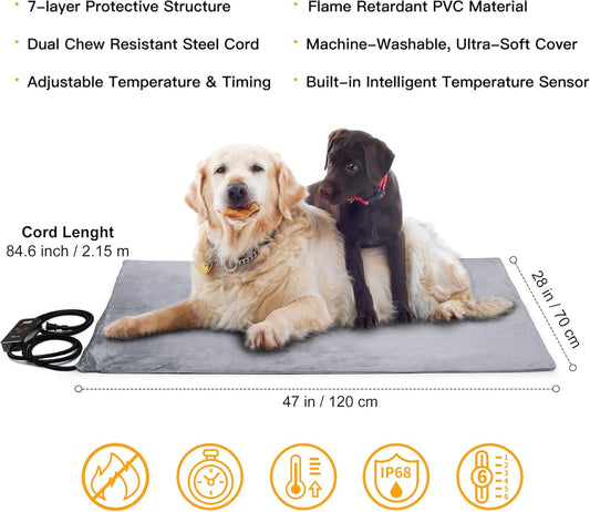 Toozey XL Pet Heating Pad, Waterproof & Chew Resistant, 6 Temp Settings with Timer, 47x28 in for Dogs & Cats