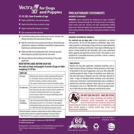 Vectra 3D for Dogs Flea, Tick & Mosquito Treatment & Prevention for Medium Dogs (21 β 55 lbs) , 6 month supply