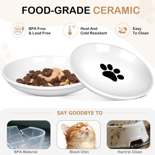 TRUVIC 4 Pack Ceramic Cat Food Bowls, 5.9 Inch Ceramic Cat Dishes Set for Indoor Cats and Small Dogs, Anti Whisker Fatigue Kitten Bowls, Wide Shallow Kitten Plates for Food and Water (Cat's Paw)
