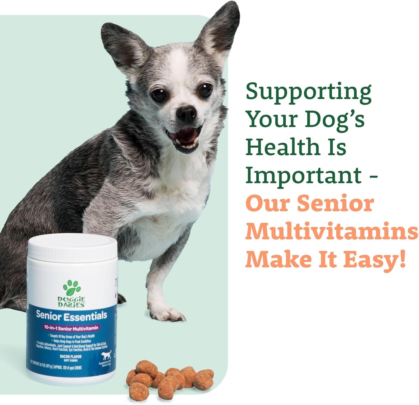 Doggie Dailies Senior Essentials Multivitamin for Dogs Soft Chews | Advanced Dog Multivitamin | Nutritional Support for Joints, Skin & Coat, Digestion, and the Immune System | Bacon Flavor | 120 Count