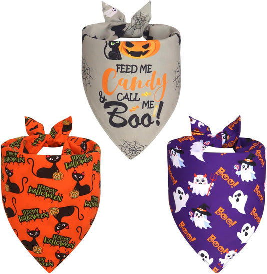 Halloween Dog Bandanas XLarge 3PCS, 6 Pattern Fall Scarf for Boy and Girl, Triangle Reversible Bibs Breed for Puppy Pets
