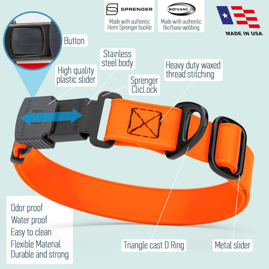 Dogline Biothane Waterproof Dog Collar with Herm Sprenger Stainless Steel Quick Release Buckle β Heavy Duty Tactical Durable Collar for Dogs β Comfortable and Safe Pet Collar, W 1" L 15-25", Orange