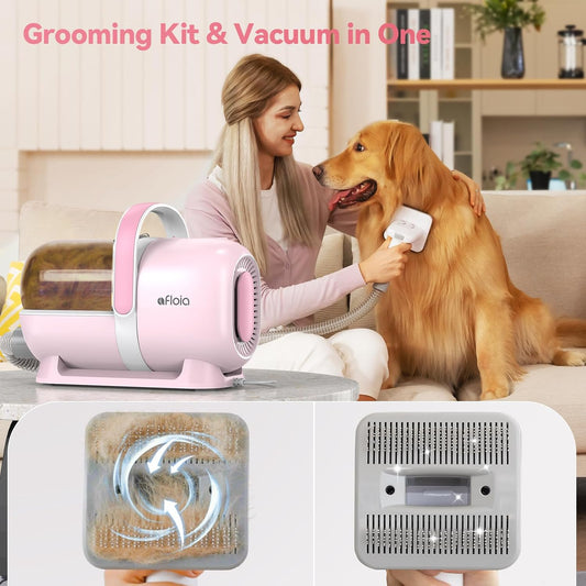 Afloia 6-in-1 Dog Grooming Kit, Pet Grooming Vacuum for Shedding, Dog Hair Vacuum with Clipper Nail Trimmer Grinder, Pet Brush Groomer at Home, Low Noise Cats Hair Remover, 1.5L Dust Cup, Pink