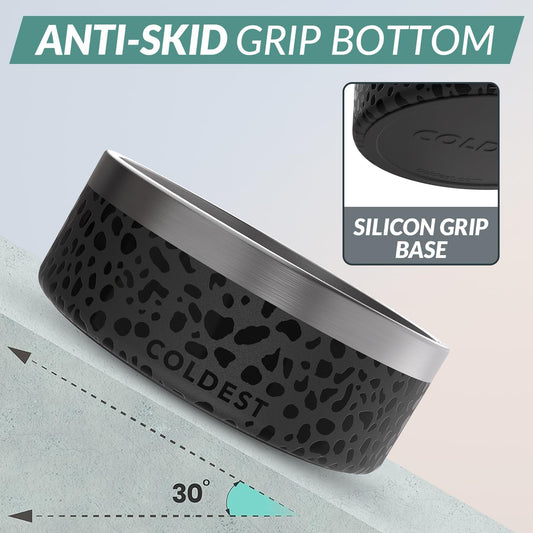 Coldest Dog Bowl - Anti Rust Metal, Non Slip, 3 Layers Insulated Stainless Steel Dog Bowls - Spill Proof & Heavy Duty - Water Bowl for Dogs, Cats & Pets, Dish Washer Safe (64 oz, Black Leopard)