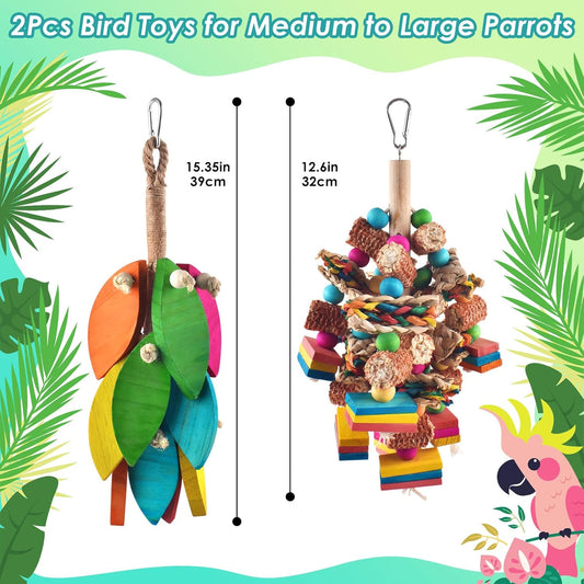 2 Pcs Large Bird Toys, Natural Corn Cob Parrot Chew Toy, Multicolored Leaf-Shaped Chewing Wood Blocks for Large and Medium-Sized Macaws, Cockatoos, Amazon Parrots, African Grey