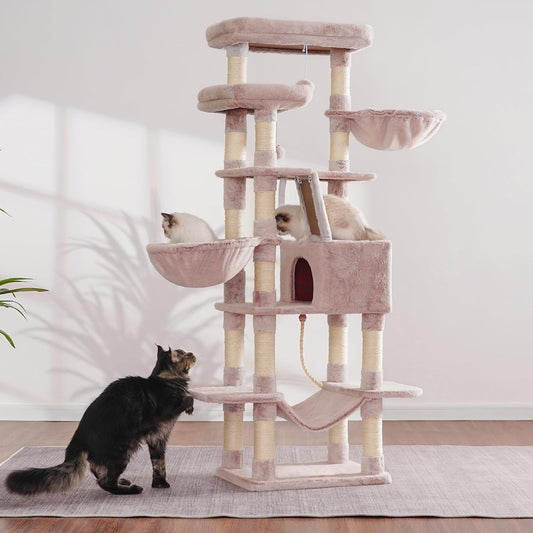 Heybly Cat Tree, 68 inch Multi-Level Cat Tower for Indoor Cats, 2 Widened Plush Perches Cat Condo with Scratching Board and Big Caves, Muchroom HCT025MU