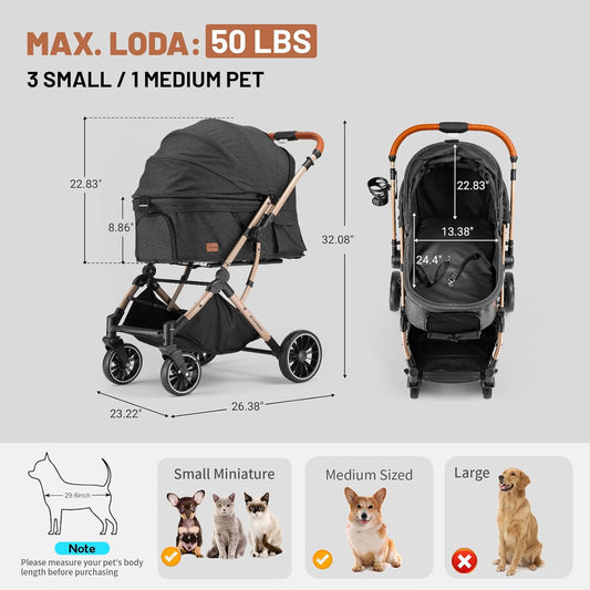 EchoSmile Small Medium Dogs Stroller 4-Wheel Pet Strollers for Medium Dogs Up to 50lbs, One Click Folding Large Cat Stroller, Reversible Handle, Shock Absorbing Wheels, Removable Washable Pad
