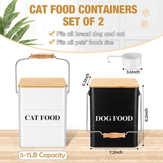 Tioncy 2 Pcs Metal Dog and Cat Food Storage Containers Big Pet Food Containers with Bamboo Lids and Spoon Airtight 5-7 Lbs Dog Cat Treat Snack Jars with DIY Labels for Kitchen Counter(White,Black)