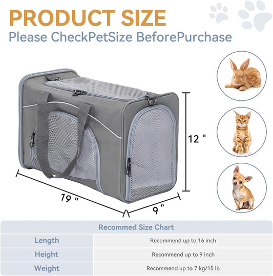 Petsfit Airline Approved Pet Carrier for Small Dogs & Cats, 19x9x12 TSA Approved Carrier, with Removable Dual-Sided Padding (2-Way Placement) - Fits Under Most Airplane Seats, Escape Proof (Gray)