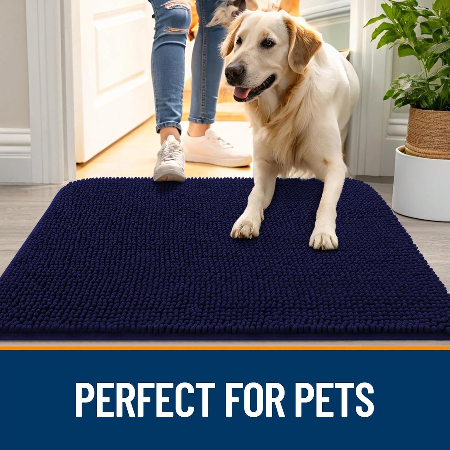 OLANLY Dog Door Mat for Muddy Paws 47x20, Absorbs Moisture and Dirt, Absorbent Non-Slip Washable Doormat, Quick Dry Chenille Mud Mat for Dogs, Entry Indoor Entryway Carpet for Inside Floor, Navy Blue