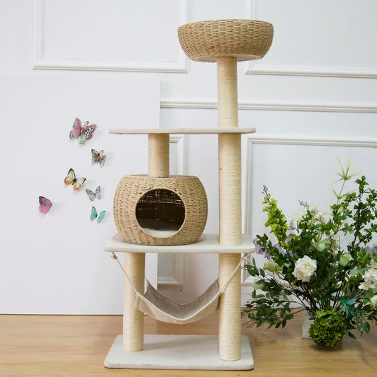 Wood Cat Tree for Indoor Cats, 52.4 Inch Tall, with Scratching Post and Hammock
