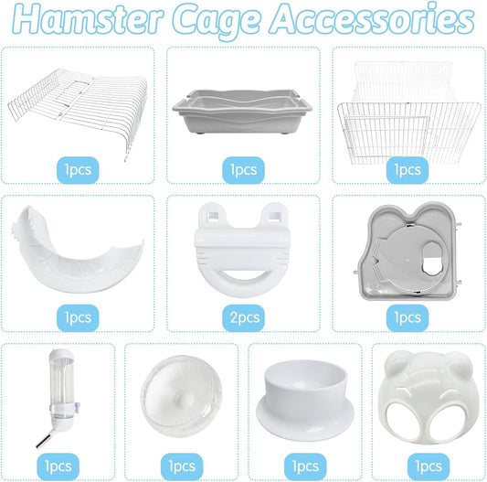 PINVNBY Dwarf Hamster Cage, Small Animal Cages, 2-Tier Travel Portable Mouse Cage Hamster Carrier with Castle House Running Exercise Wheels, Water Bottle and Food Dis(Gray)