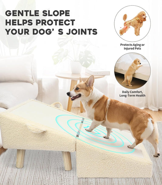 Dog Stairs for Small Dogs and Cats β 2-in-1 Dog Ramp for Bed and Couch, 16.5'' Foldable Wooden Pet Steps, Sturdy Multi-Use Split Ottoman Design, Beige