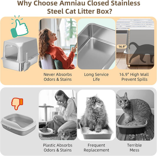 Stainless Steel Cat Litter Box with Lid, Extra Large, Great for Large & Small Cats, Easy to Clean, Anti-Leakage, Non-Sticky, Multifunctional 2 in-1 Metal Cat Litter Box - Light Gray