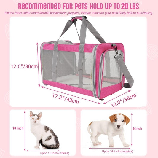 Pet Carrier for Large Cats of 20 Lbs, Collapsible Carrier Bag for Big Cat or 2 Kittens,Soft Sided Puppy Carrier with Sturdy Travel Transport Strap, Adequate Ventilation, 4 Mesh Windows (Pink)