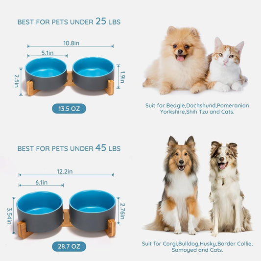 SPUNKYJUNKY Ceramic Dog and Cat Bowl Set with Wooden Stand, Modern Cute Weighted Food Water Set for Small Size Dogs (13.5OZ) & Medium Sized Dogs (28.7OZ) & Cats (1.7 Cups, 2 Γ Blue-Grey)
