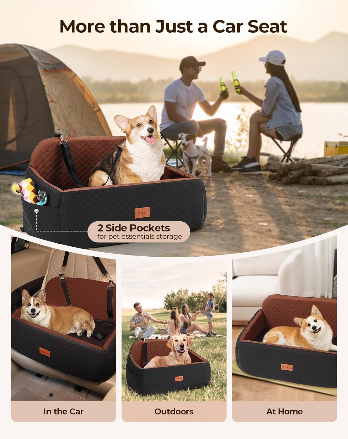 Dog Car Seat for Large Medium Dogs, Pet Car Seat Under 55 lbs or 2 Puppies, Removable Washable Pets Travel Booster Bed for Automotive Backseat with Comfy Thick Cushion, 2 Safety Leashes(Black/Brown)